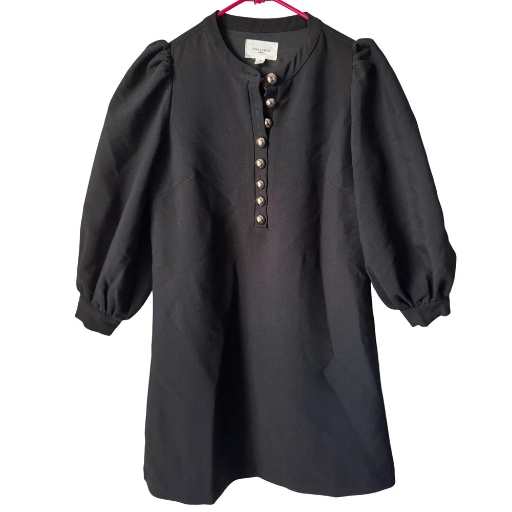 Pomander Place Samantha Mini Dress Black Puff Sleeve Gold Button Womens Small